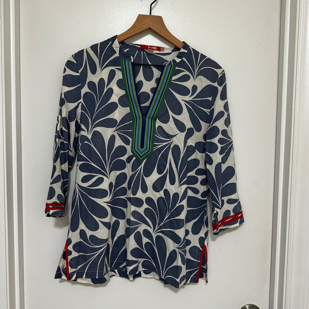 Boden | Women's Blue White Leaf Print Split Neck Ribbon Trim Tunic Top, 10